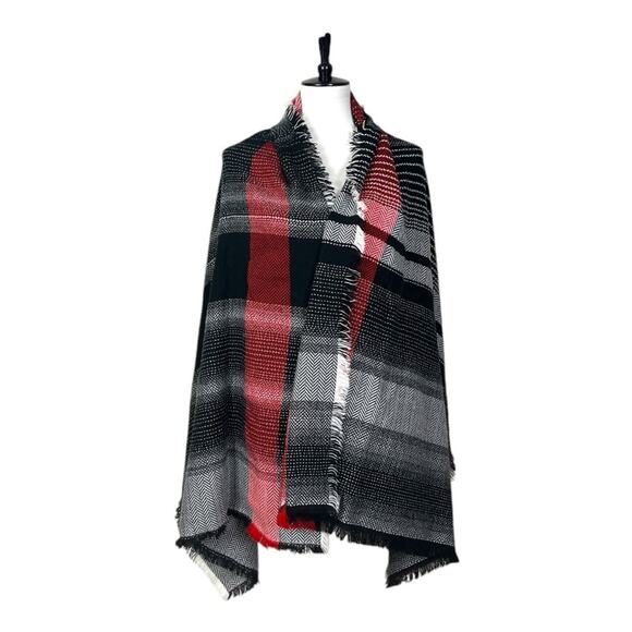 Merona Scarf Wrap Shawl Oblong Fringe Black Red White Plaid Women’s One Size - Picture 1 of 12